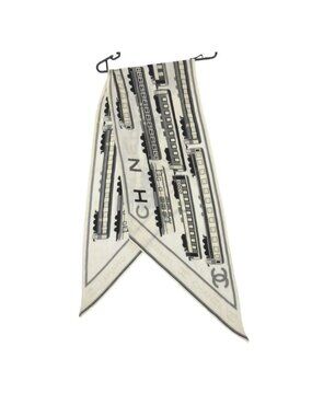 Chanel Scarf CC Logo Silk Train Off White Gray